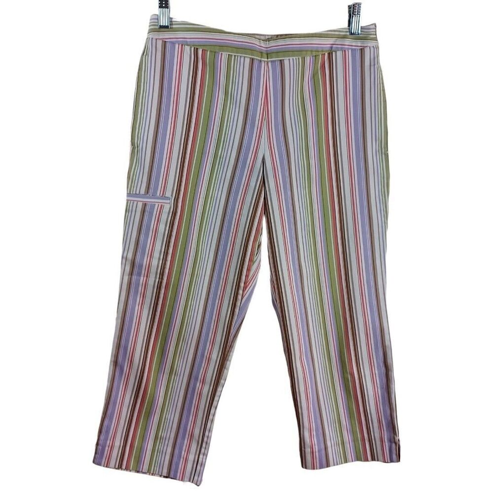 Lizgolf Striped Golf Casual Colorful Stretch Capri Pants White Green Pink Sz 8p - Picture 2 of 8